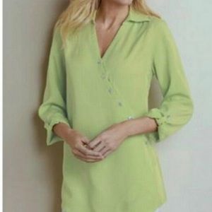 Soft Surroundings, New Pear Green Asymmetrical Longline Washed Tencel Top, Large